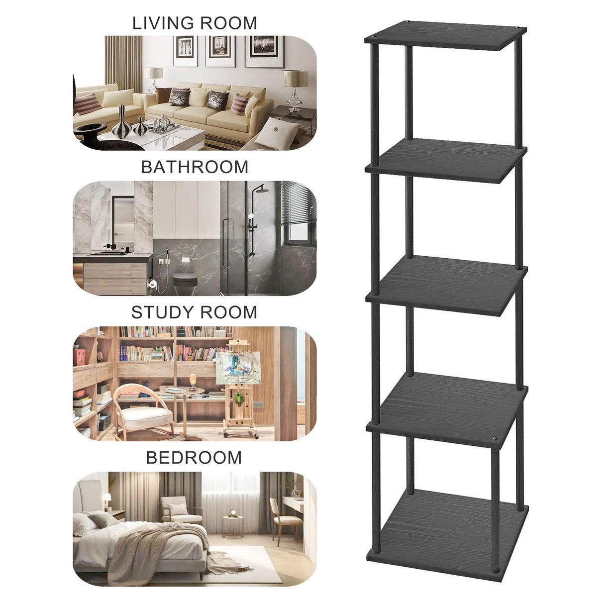 POBOMULI 46" Narrow Bookshelf, 5-Tier Tall Bookcase Small Space, Corner Book Shelf Slim Storage Display Rack Living Room Bedroom Study Office, Black POBOMULI