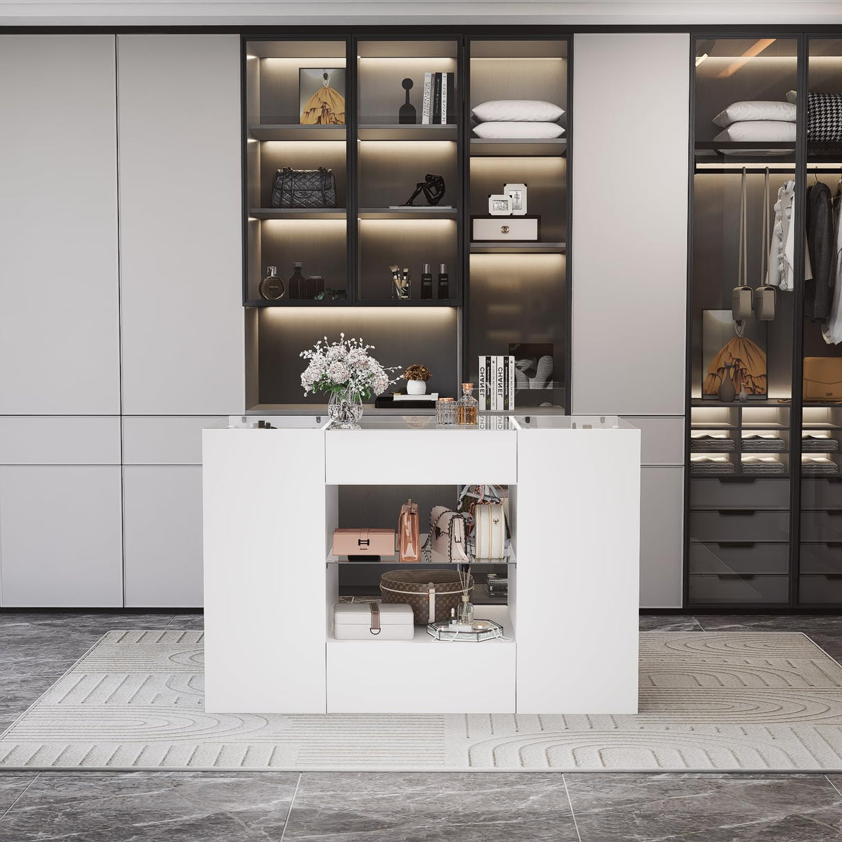 LIVAUVEAD Closet Island with Drawers, Wardrobe Armoire Bedroom Island, Glass Display Shelf & 12 Drawers, White Dresser with Glass Top, Walk-in Closet Island for Bedroom, Cloakroom LIVAUVEAD