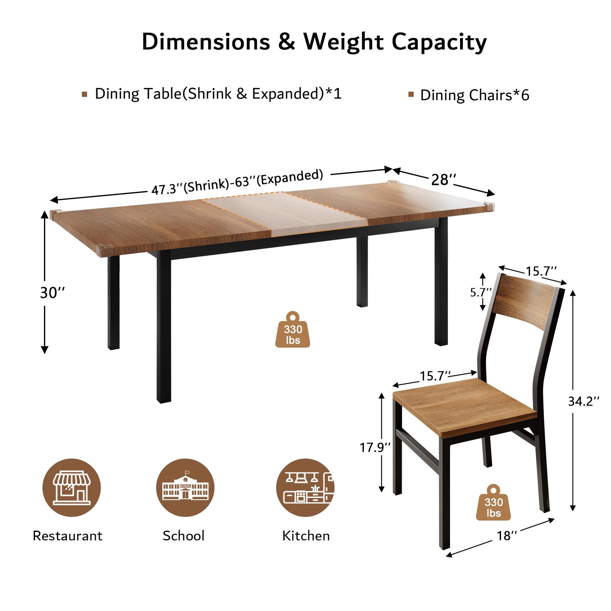 iPormis 7 Pieces Dining Table with 6 Chairs, 63" Extendable Kitchen Table & Chairs Set for 4-6, Dining Room Table with Metal Frame & MDF Board, Perfect for Small Space, Easy Clean, Walnut - WoodArtSupply