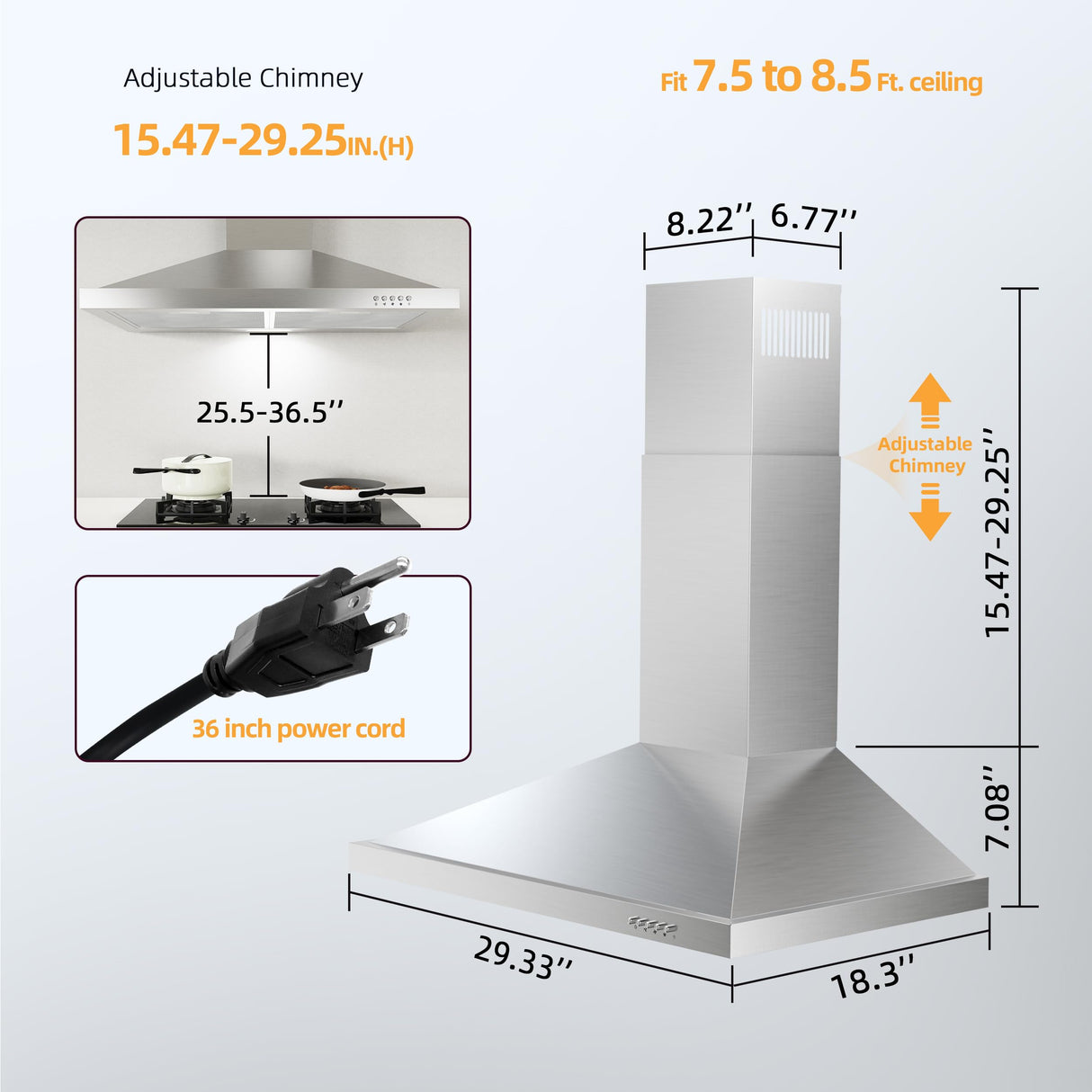 FIREGAS Range Hood 30 inch Wall Mount with Ducted/Ductless Convertible, 450 CFM Stainless Steel Chimney-Style Kitchen Hood, Over Stove Vent Hood with 3 Speed Fan, LED Light, Charcoal Filters FIREGAS