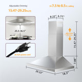 FIREGAS Range Hood 30 inch Wall Mount with Ducted/Ductless Convertible, 450 CFM Stainless Steel Chimney-Style Kitchen Hood, Over Stove Vent Hood with 3 Speed Fan, LED Light, Charcoal Filters FIREGAS