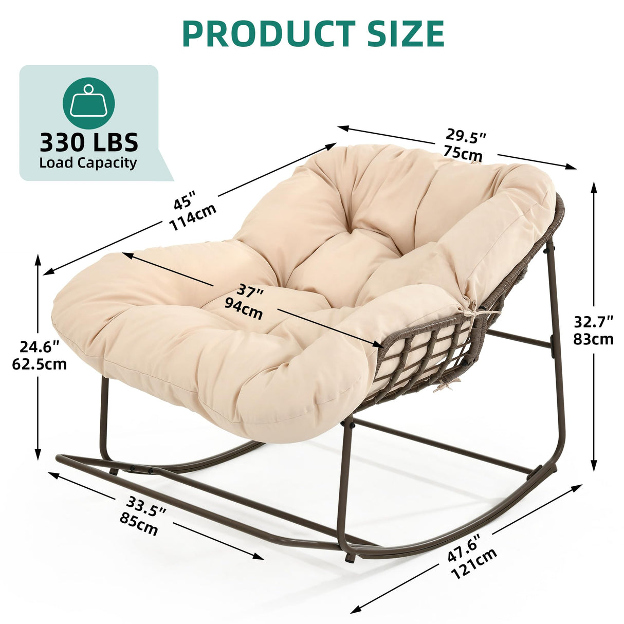 YITAHOME Rocking Papasan Chair, Outdoor Oversized Saucer Chair with Foldable Frame & Comfy Cushion, Wicker Basket Moon Chair for Patio, Porch, Bedroom (Brown+Beige) YITAHOME