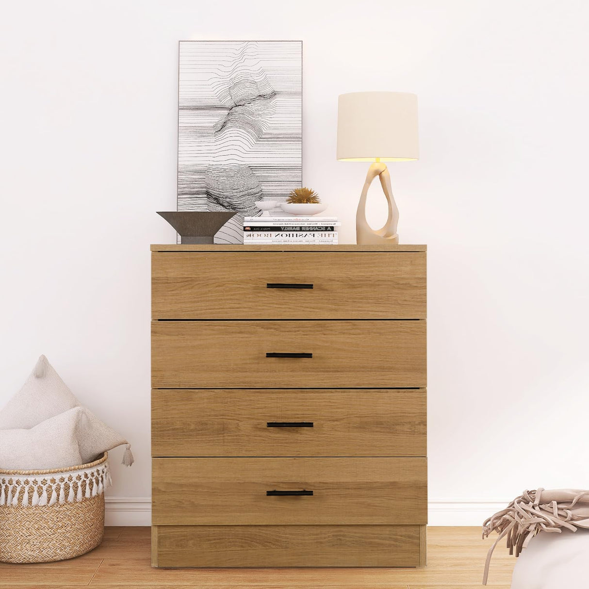 YIGOBUY Wooden Dresser for Bedroom Oak 4 Drawer Tall Dressers Small Chest of Drawers Modern Storage Cabinet Organizer Unit for Closet, Cloakroom, Entryway Comoda para Habitacion con Cajones YIGOBUY