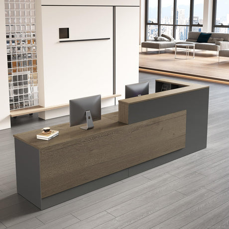 Nuipesn Modern L Shape Reception Desk with Counter – Front Desk Reception Counter with Drawers, Keyboard Tray & Shelves for Office, Salon, Retail, Lobby (Tobacco wood+Iron Gray/Left, 63"L*24"W*41"H) Nuipesn