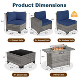 VONZOY 7 Piece Patio Furniture Set with Fire Pit Table, Outdoor Conversation Sets Wicker Rattan Sectional Sofa with Coffee Table, 4'' Thickened Cushion Navy Blue (Include Waterproof Cover) VONZOY