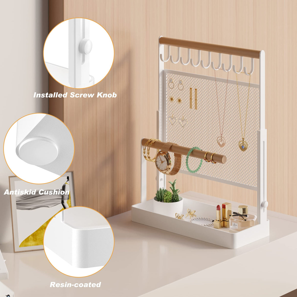 IOAIANIA Jewelry Organizer Stand, Liftable Necklace Holder with Earring Organizer Net, 9 Hooks Necklaces Storage Wooden Handing Bar for Bracelets Watches Rings (White) IOAIANIA