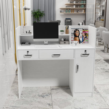OmySalon Modern Reception Desk, Front Table Counter with Lockable Drawers and Moveable Shelves, Receptionist Desk Retail Checkout, for Lobby Beauty Salon Office, White (47.2”W x 18.9”D x 43.7”H) OmySalon