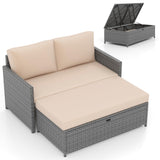 Tangkula Outdoor Rattan Daybed, Wicker Loveseat & 31 Gallon Storage Ottoman w/Soft Cushions, Space-Saving 2-Person Sun Lounger Daybed for Backyard, Porch (Beige) Tangkula