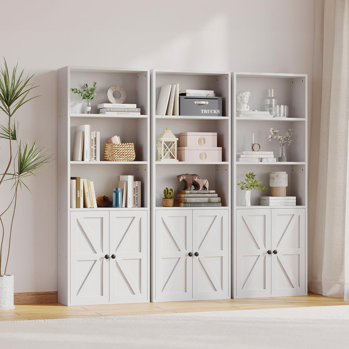 oneinmil 5 Tier Bookshelves and Bookcase with Doors Industrial Set of 2 Double Wide Floor Standing Book Shelf 59" Tall Display Shelves Bookshelf with Storage Cabinets for Living Room, White oneinmil