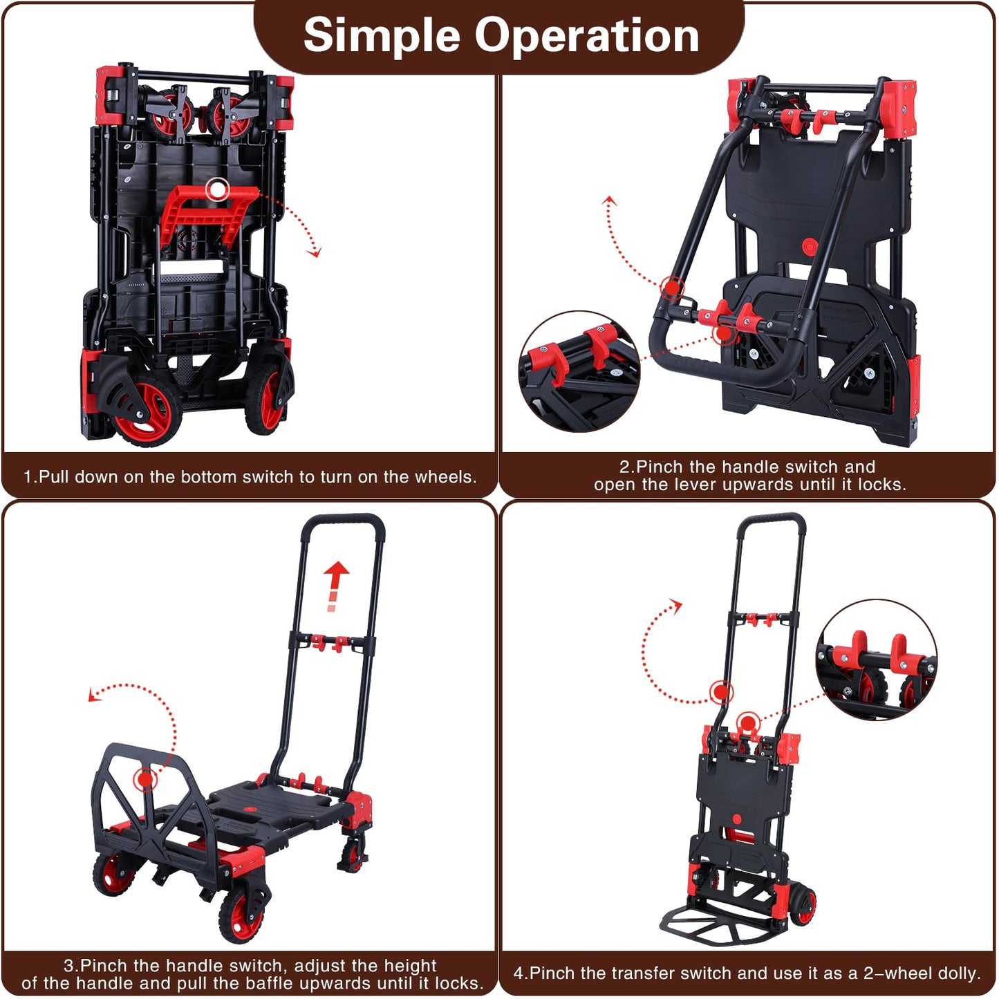 2-in-1 Folding Hand Truck Dolly 330LB Load Carrying,Hand Truck Foldable Dolly with Retractable Handle and 4 Rubber Wheels,Portable Folding Hand Cart for Luggage/Travel/Office