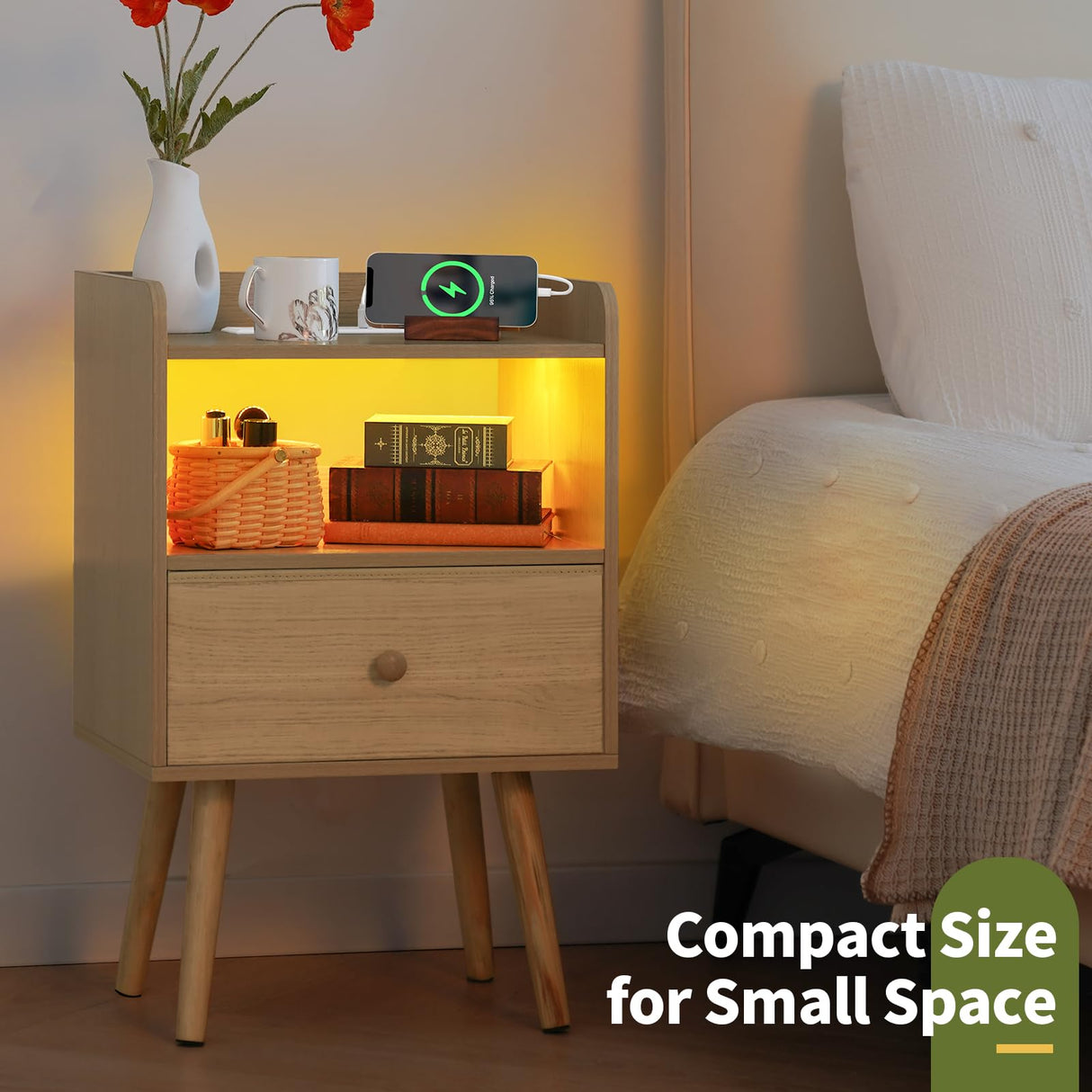 Yoobure Nightstand with Charging Station, Modern Night Stand with LED Lights, Wood Nightstands with Fabric Drawer & Storage Shelf, Night Stands Bedside Table with USB Ports for Bedroom, Office, Home Yoobure