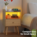Yoobure Nightstand with Charging Station, Modern Night Stand with LED Lights, Wood Nightstands with Fabric Drawer & Storage Shelf, Night Stands Bedside Table with USB Ports for Bedroom, Office, Home Yoobure