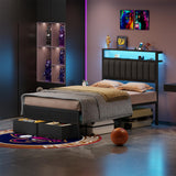 Furnulem Full Size Bed Frame with Charging Station and LED Lights, Grey Upholstered Headboard with Shelves, Metal Platform Bed with 2 Under-Bed Storage (Fabric Drawer on Wheels), No Box Spring Needed Furnulem