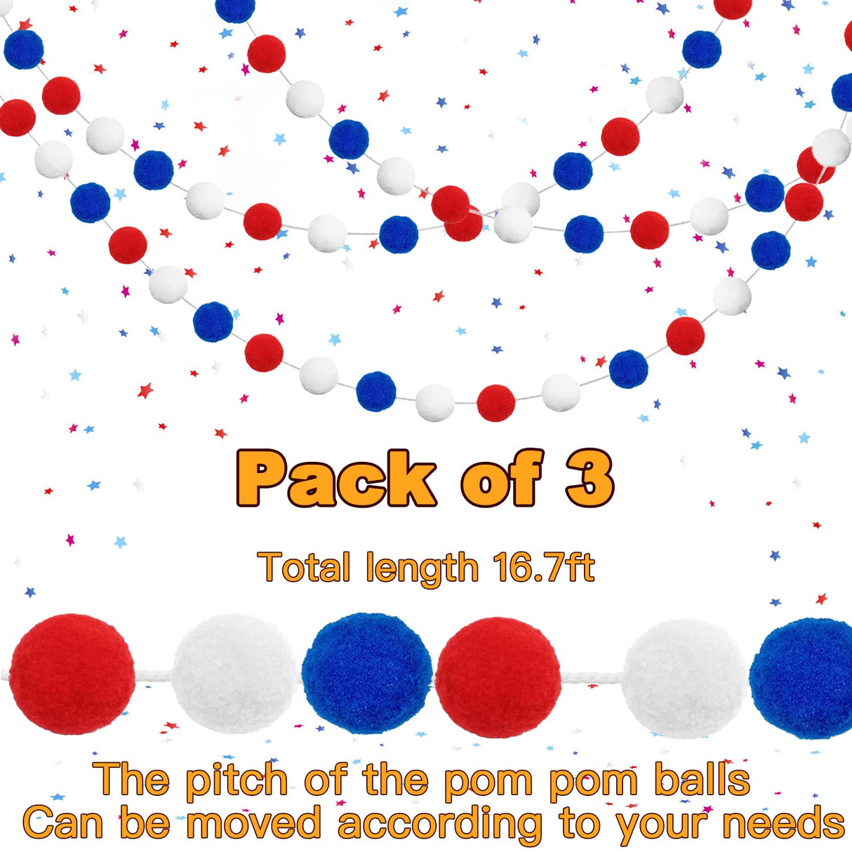 Jishi Pom Pom Garland 4th of July Decorations, Patriotic Red White Blue Felt Ball Garland, 3-Pack 6.6ft Long 24 Cute Pompom Balls String, Christmas Tree Decor Ornaments for Home Birthday Holiday Party Jishi