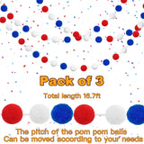 Jishi Pom Pom Garland 4th of July Decorations, Patriotic Red White Blue Felt Ball Garland, 3-Pack 6.6ft Long 24 Cute Pompom Balls String, Christmas Tree Decor Ornaments for Home Birthday Holiday Party Jishi