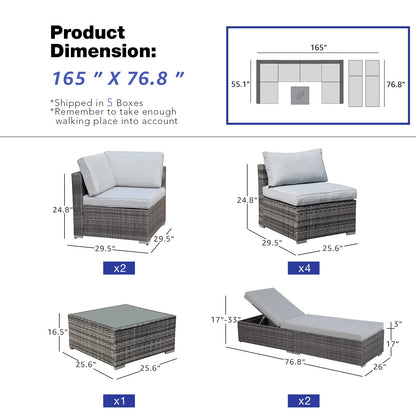 Patiorama 9 Pieces Outdoor Patio Furniture Set,All Weather Grey PE Wicker Rattan Sectional Conversation Set W/Adjustable Chaise Lounge Chair of 2 and Coffee Table,for Porch Garden,Light Grey Cushion