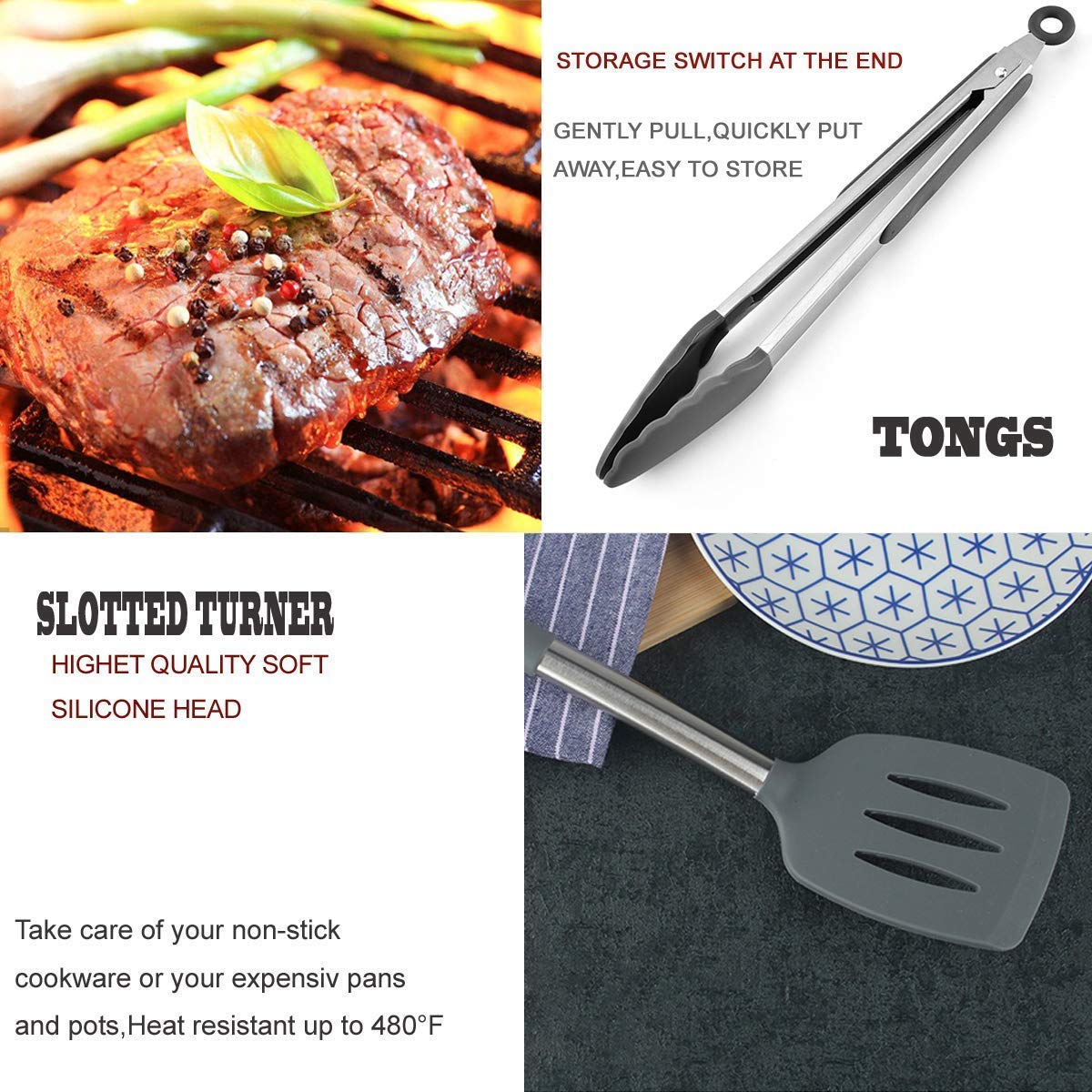 Silicone Kitchen Cooking Utensils Set with Stainless Steel Handle, Spatula Set Utensil Set, Cooking Utensil Set,Kitchen Tools Gadgets for Nonstick Cookware BECBOLDF