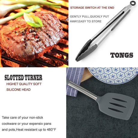 Silicone Kitchen Cooking Utensils Set with Stainless Steel Handle, Spatula Set Utensil Set, Cooking Utensil Set,Kitchen Tools Gadgets for Nonstick Cookware BECBOLDF