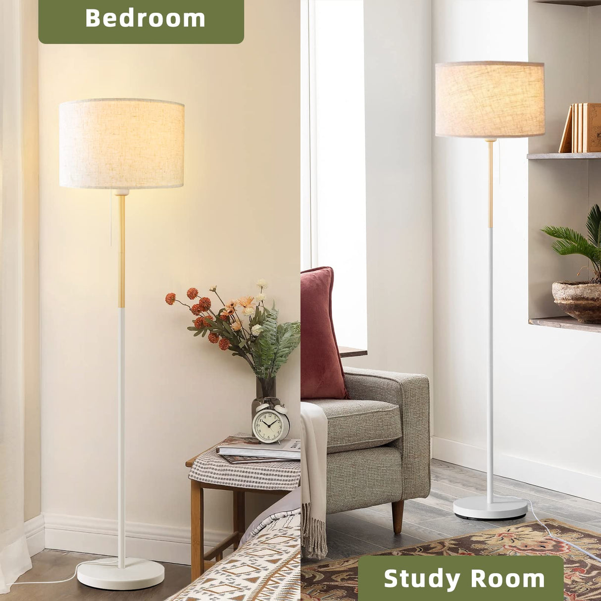 Modern Floor Lamp for Living Room Traditional Farmhouse Floor Lamps Mid-Century Pole Lamp with Linen Lamp Shade, Standing Tall Floor Lamps for Bedrooms and Office (White) LALISU