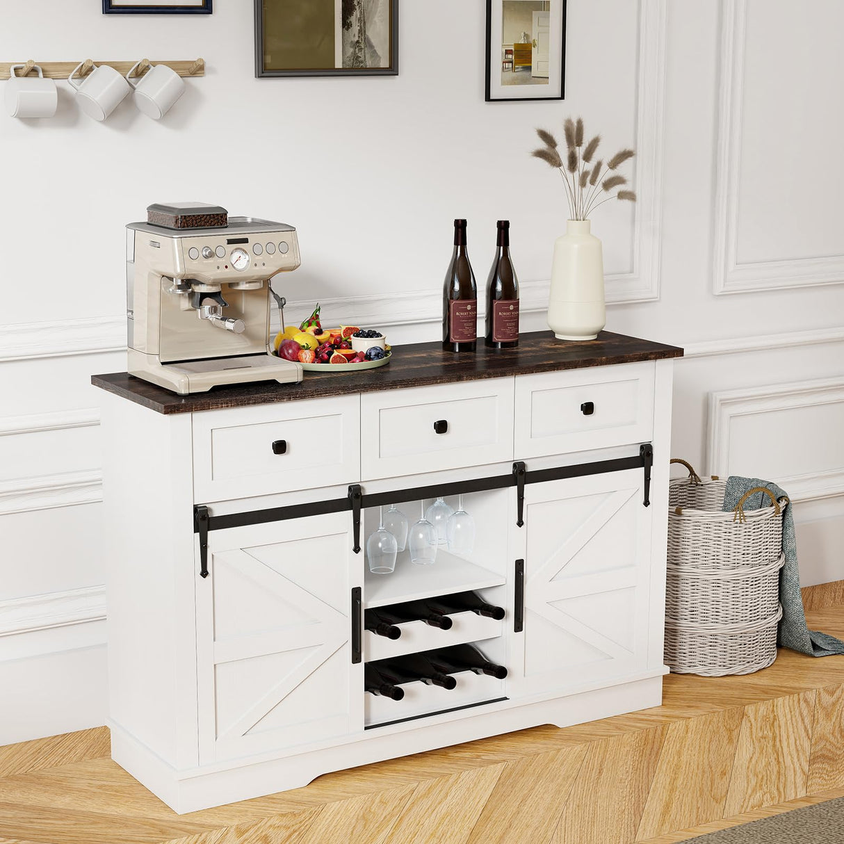 Kmax Farmhouse Wine Bar Cabinet w, 54” Buffet Cabinet with Storage, Rustic White Coffee Bar Cabinet with Sliding Barn Doors, Wine/Glass Rack & 3 Drawers for Living, Dining Room, Black Top Kmax