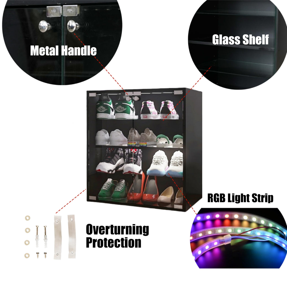 FUQIAOTEC 4 Layers LED Shoe Storage Box, Black Shoe Cabinet with Glass Doors and LED Lights, Wooden Display Shoe Box Suitable for Collection, Can be Remotely Controlled FUQIAOTEC