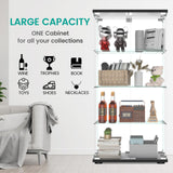 Display Cabinet with Mirror, Glass Door and Lock, 4-Shelf Fast Installation in 30Mins Curio Cabinet with 5mm Tempered Glass Floor Standing Bookshelf for Bedroom, Living Room, 65'' x32'' x14'', Black GDJAASJI