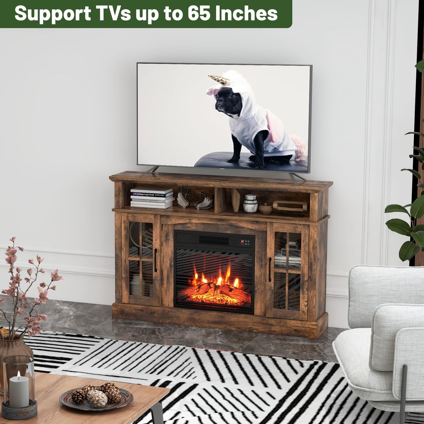 SIMOE Fireplace TV Stand with 23 Inch Fireplace, Electric Fireplace TV Console for TVs up to 65", Entertainment Center with 2 Cabinets & Remote Control, 6H Timer & 3 Flame Brightness, Brown, 58 Inches