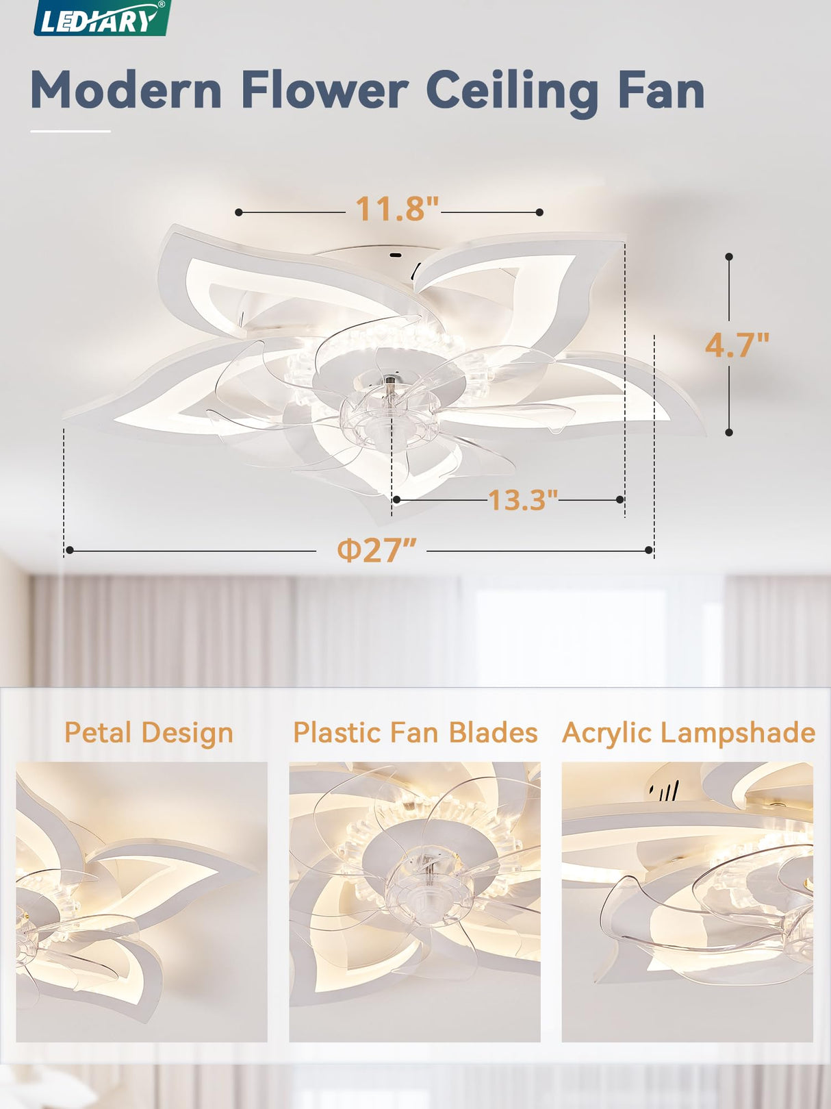LEDIARY Flower Ceiling Fans with Lights, Small 27 Inch Modern Low Profile Ceiling Fan, Dimmable LED Ceiling Light Fixture, Flush Mount Ceiling Fans with Remote for Bedroom, Kitchen, Indoor-White LEDIARY