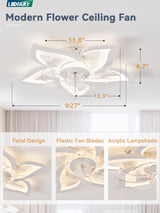 LEDIARY Flower Ceiling Fans with Lights, Small 27 Inch Modern Low Profile Ceiling Fan, Dimmable LED Ceiling Light Fixture, Flush Mount Ceiling Fans with Remote for Bedroom, Kitchen, Indoor-White LEDIARY
