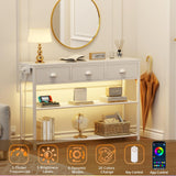 Furologee White Console Table with Charging Station & 3 Fabric Drawers, 38'' Entryway Table with Storage Shelves and LED Light, Industrial Foyer Table for Entry Way, Display Shelf for Hallway Furologee