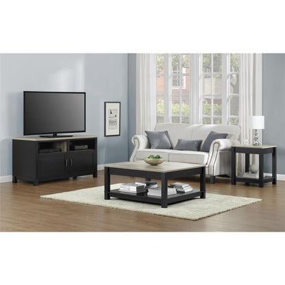 Ameriwood Home Carver Coffee Table with Open Storage, Matte Black Paint and Distressed Wood Grain Accents - WoodArtSupply