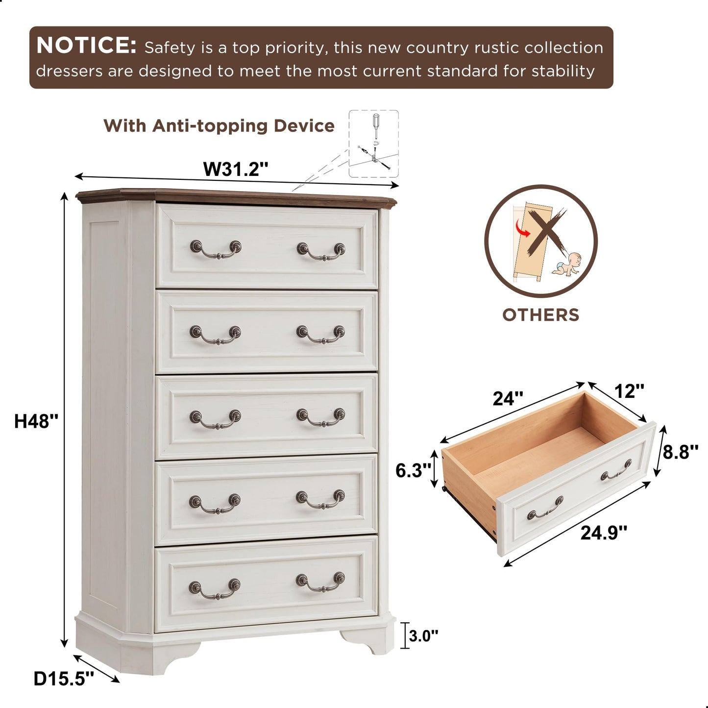 T4TREAM Farmhouse 5 Drawers Dresser for Bedroom, 48" Tall Wood Rustic Chest of Drawers with Natural Texture, Vintage Design, Storage Dressers Organizer for Bedroom, Living Room, Hallway, Antique White