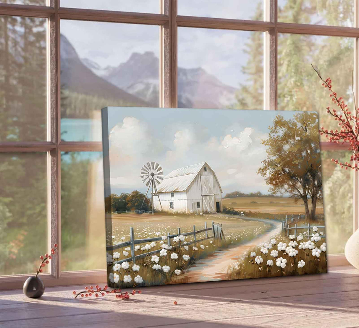 Farmhouse Barn Canvas Wall Art Rustic Farm Nature landscape Decor Pictures Retro Flower Field Meadow Barn Windmill Posters Prints for Home Decoration Bathroom Bedroom Living Room Decoration styfasin