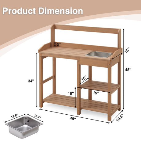 Psilvam Potting Bench, Poly Lumber Potting Table with Removable Stainless Steel Sink and Open Shelves, All-Weather Garden Table Work Station, Planting Table for Garden, Patio and Lawns (Teak Color) Psilvam