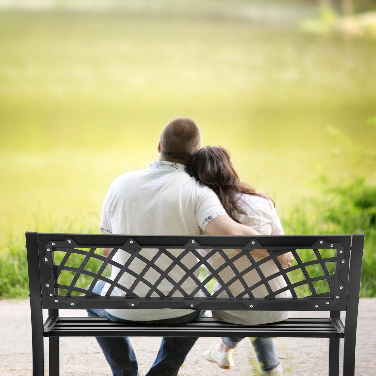 BestMassage Outdoor Garden Bench,Iron Steel Frame Patio Bench with Mesh Pattern and Plastic Backrest Armrests for Porch,Lawn,Garden,Park,Yard,Black BestMassage