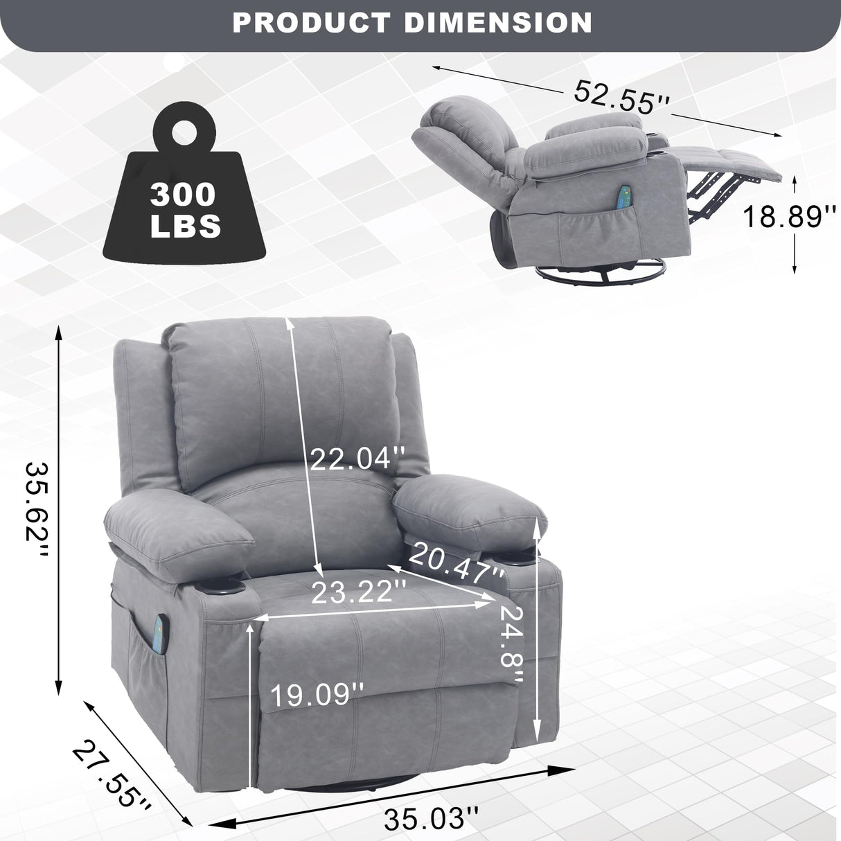 Massage Swivel Rocker Recliner with Lumbar Heat, Overstuffed PU Leather Recliners for Living Room, Modern Single Rocking Chair for Adults, Manual Rocker Recliner with Cup Holders for Bedroom, Grey Comermax