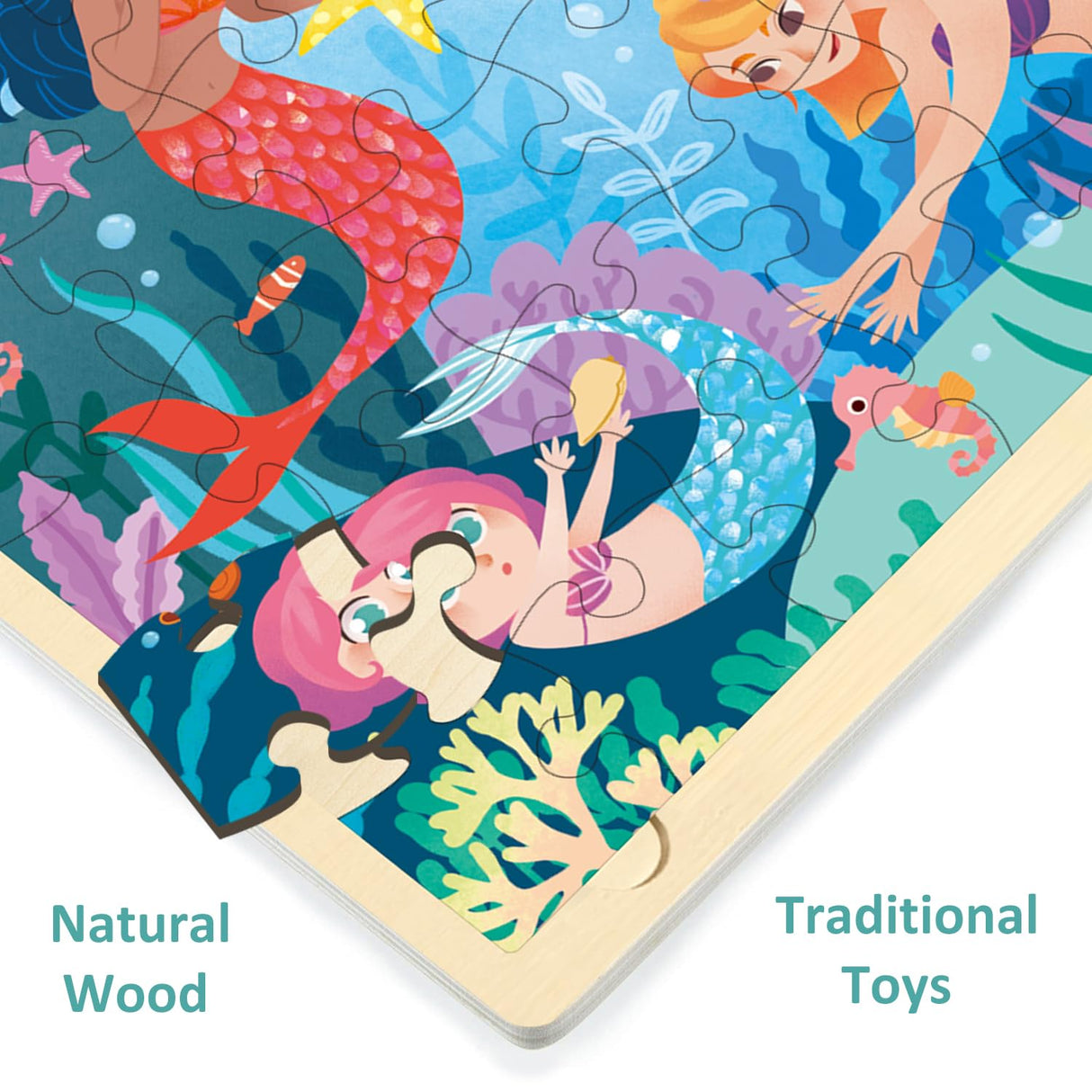 MoinKidz 48 Piece Puzzles for Kids Ages 3-5, Fun Mermaid Wooden Jigsaw Puzzles for 3 Year Old with Unique Puzzle Pieces, Preschool Toddler Puzzles Ages 4-8 with Puzzle Tray MoinKidz