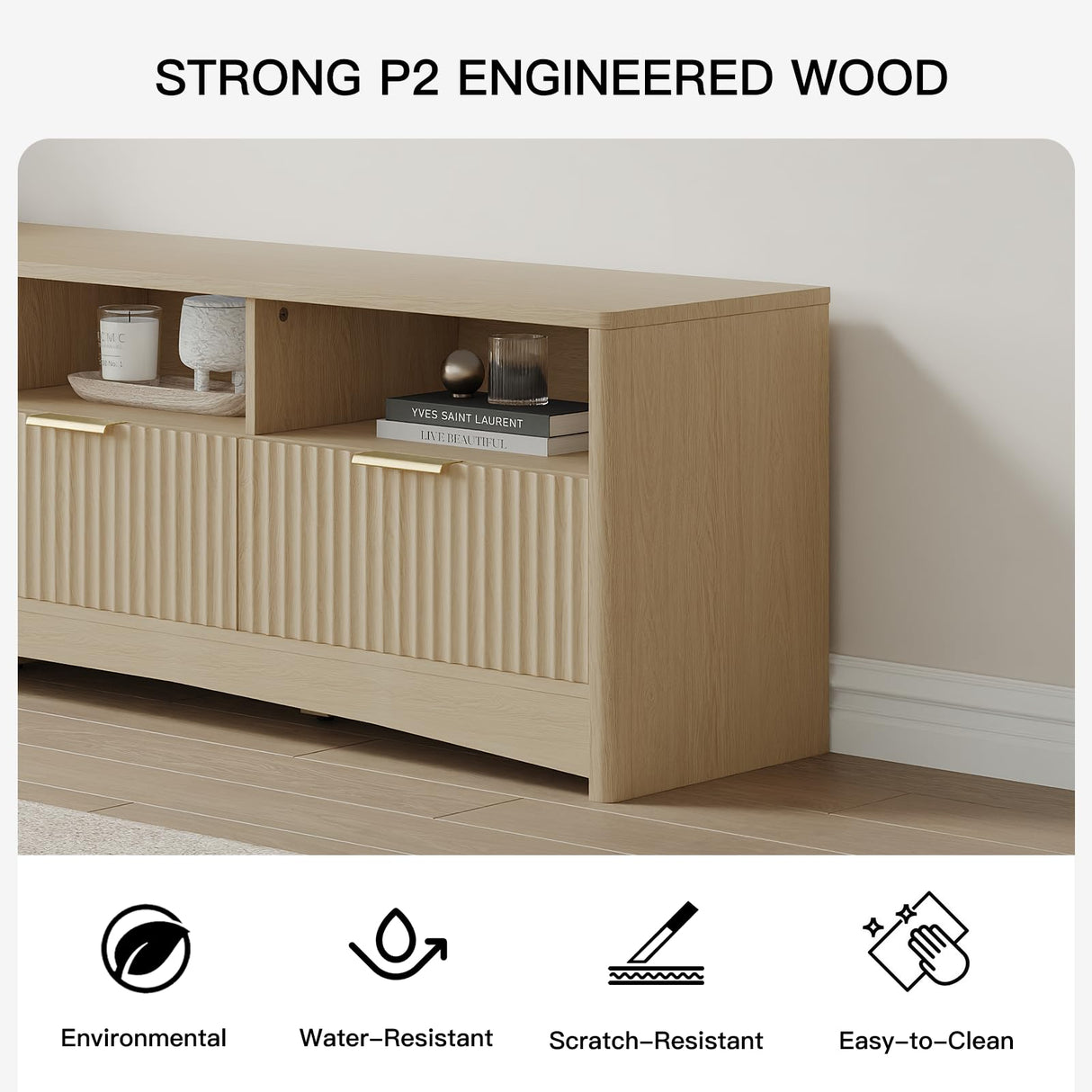 Amada TV Stand for 50-65" TV, Fluted Modern TV Stand Entertainment Center with Drawers and Open Shelf, Waveform Panel, Sleek Curved Profile Media TV Console Table for Living Room, Bedroom, Nature Oak AMADA HOMEFURNISHING