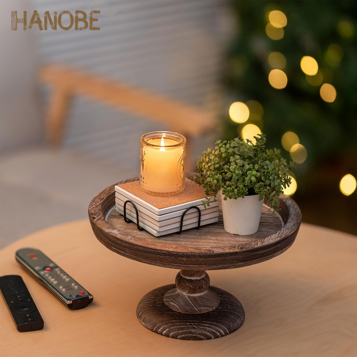 Hanobe Round Wood Display Riser: Rustic Wooden Risers Decorative Pedestal Plate Stand Small Cake Holder Tray for Wedding Birthday Decor Hanobe