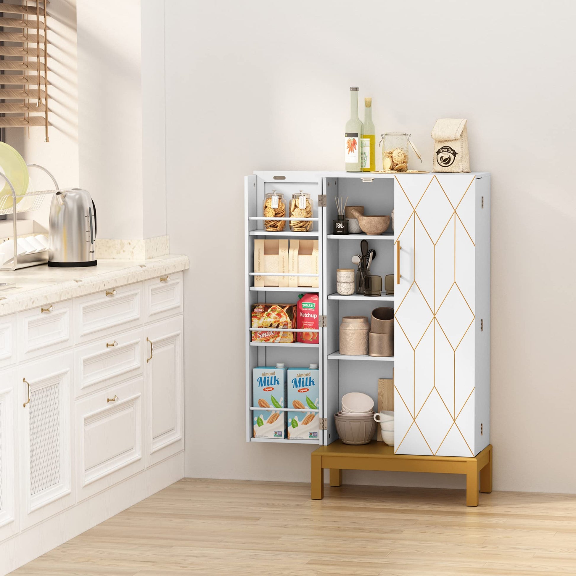 ARTPOWER 45'' Kitchen Pantry Cabinet with Gold Trim, Pantry Cabinets with Doors and Adjustable Shelves, Food Pantry Cabinet for Kitchen, Dining Room and Living Room,Classic White Cabinet with - WoodArtSupply