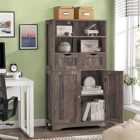 Iwell Tall Storage Cabinet with 2 Drawers & Adjustable Shelves, Bathroom Cabinet with Doors, Cupboard, Floor Cabinet for Living Room, Bedroom, Entryway, Rustic Gray Iwell