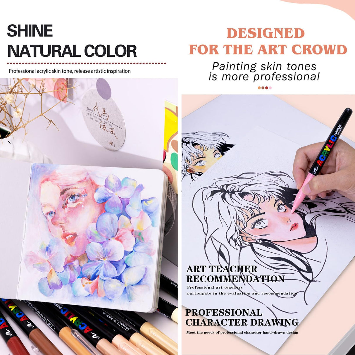 KsopiaVobs Skin Tones Art Markers, Acrylic Paint Pens Skin Colors Paint Markers for Wood,Glass,Fabric,Rocks Painting,Illustration Sketching, Extra Fine Tip (Set of 12,Brush Tip) KsopiaVobs