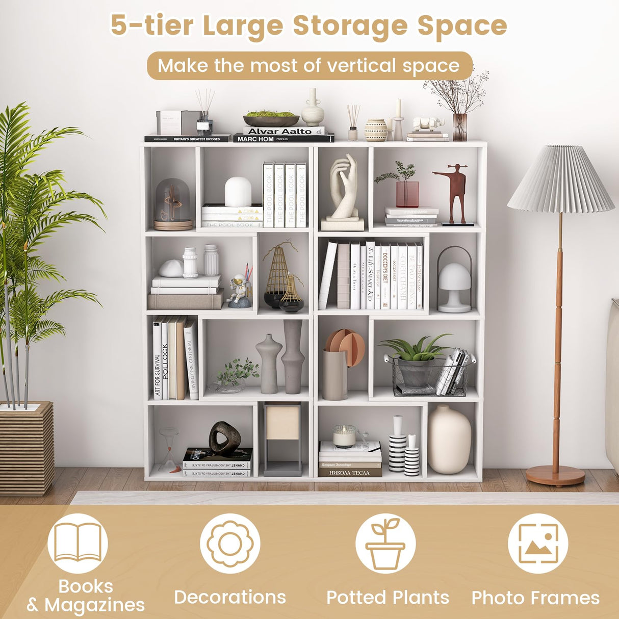 Tangkula 5 Tier Geometric Bookshelf, 48”H Freestanding 8-Cube Open Bookcase, Wooden Storage Display Shelf, 2 Anti-Toppling Devices, 8 Cubes Home Office Decor Room Divider for Living Room (1, White) Tangkula