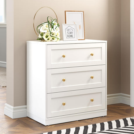 RoyalCraft Modern 3 Drawer Dresser, White and Gold Nightstand for Bedroom, Small Chest of Drawers, End Table with Storage, Wood Beside Table for Living Room, Home Office, Entryway RoyalCraft