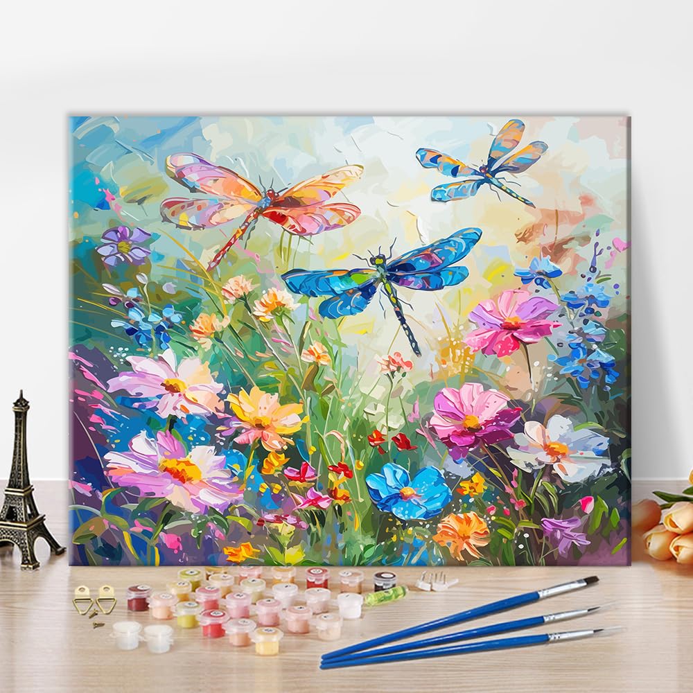 Dragonfly Paint by Numbers Kits Adults Pating Numbers Art DIY Wild Flower Weeds Paint by Numbers Artwork Beautiful Pattern on Canvas Paintwork 16x20 in Bedroom Painting Wall Art Decor Rebotipy