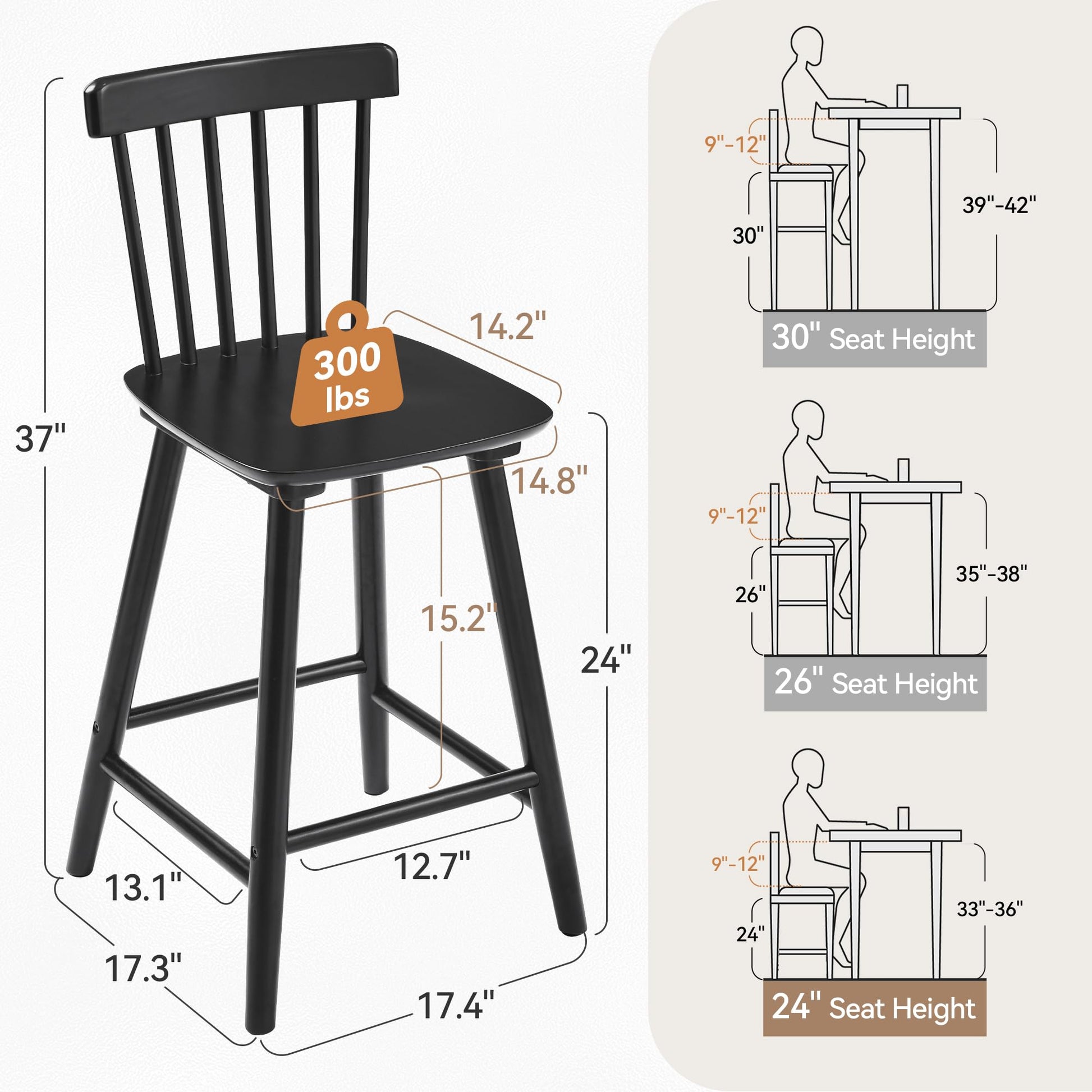 LUE BONA Windsor Wooden Bar Stools Set of 4 for Kitchen Island, Farmhouse 24 Inch Counter Height Stools Chairs with Spindle Back, Black - WoodArtSupply