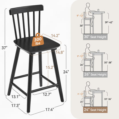 LUE BONA Windsor Wooden Bar Stools Set of 4 for Kitchen Island, Farmhouse 24 Inch Counter Height Stools Chairs with Spindle Back, Black - WoodArtSupply