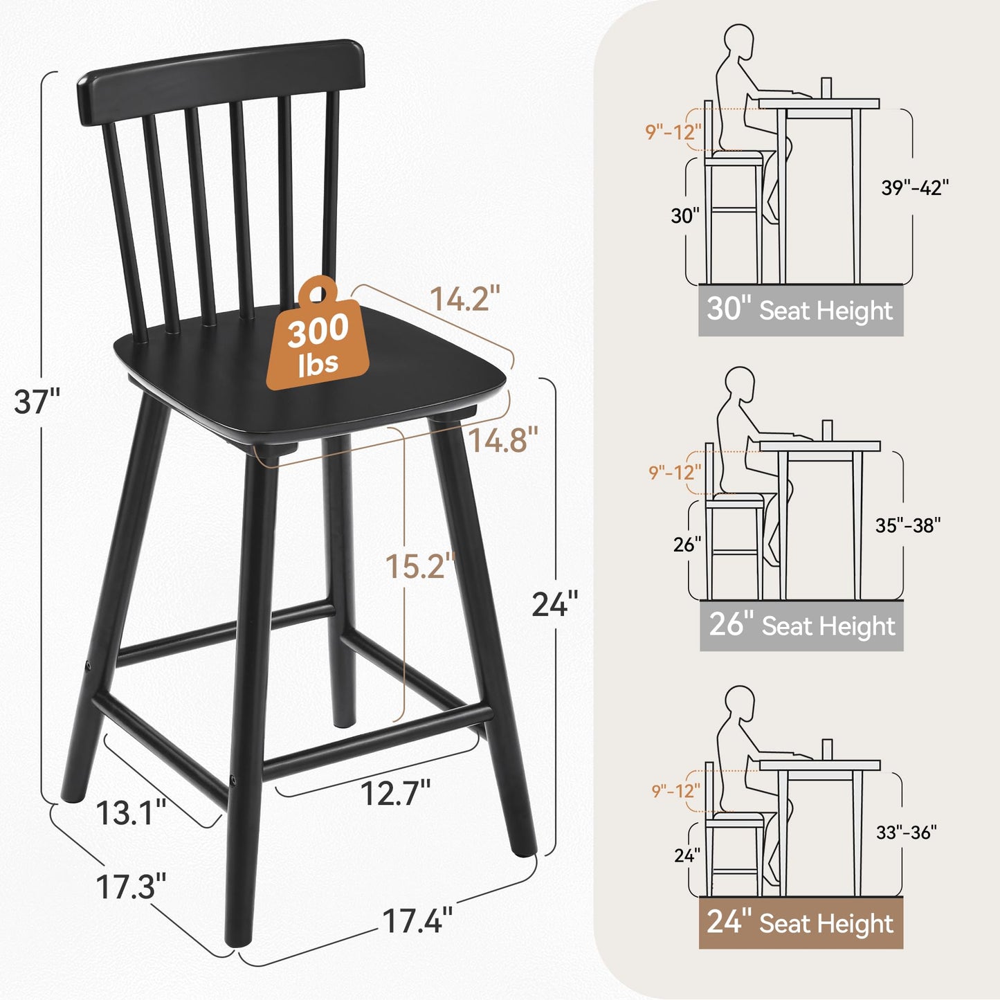 LUE BONA Windsor Wooden Bar Stools Set of 3 for Kitchen Island, Farmhouse 24 Inch Counter Height Stools Chairs with Spindle Back, Black - WoodArtSupply