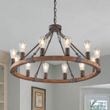 Benkut Farmhouse Wagon Wheel Chandelier 31" Black Rustic Light Fixtures 12-Light Wood Round Chandelier for Dining Room Living Room Entryway Foyer Benkut