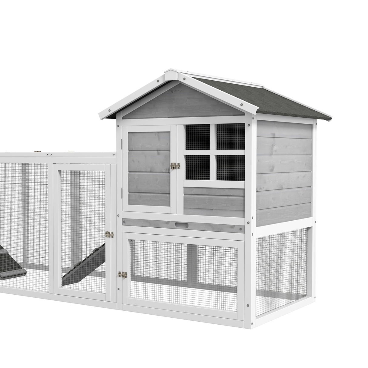 PawHut 102" 2 in 1 Wooden Rabbit Hutch, Double Main House Pet Playpen, Large Bunny House Enclosure for Indoor/Outdoor with 2 Run Boxes, No Leak Tray, and Ramp, for Guinea Pig and Small Animals, Gray PawHut
